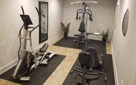 Our fitness center features a professional home gym, elliptical machine, recumbent bike, treadmill, and large satellite TV.